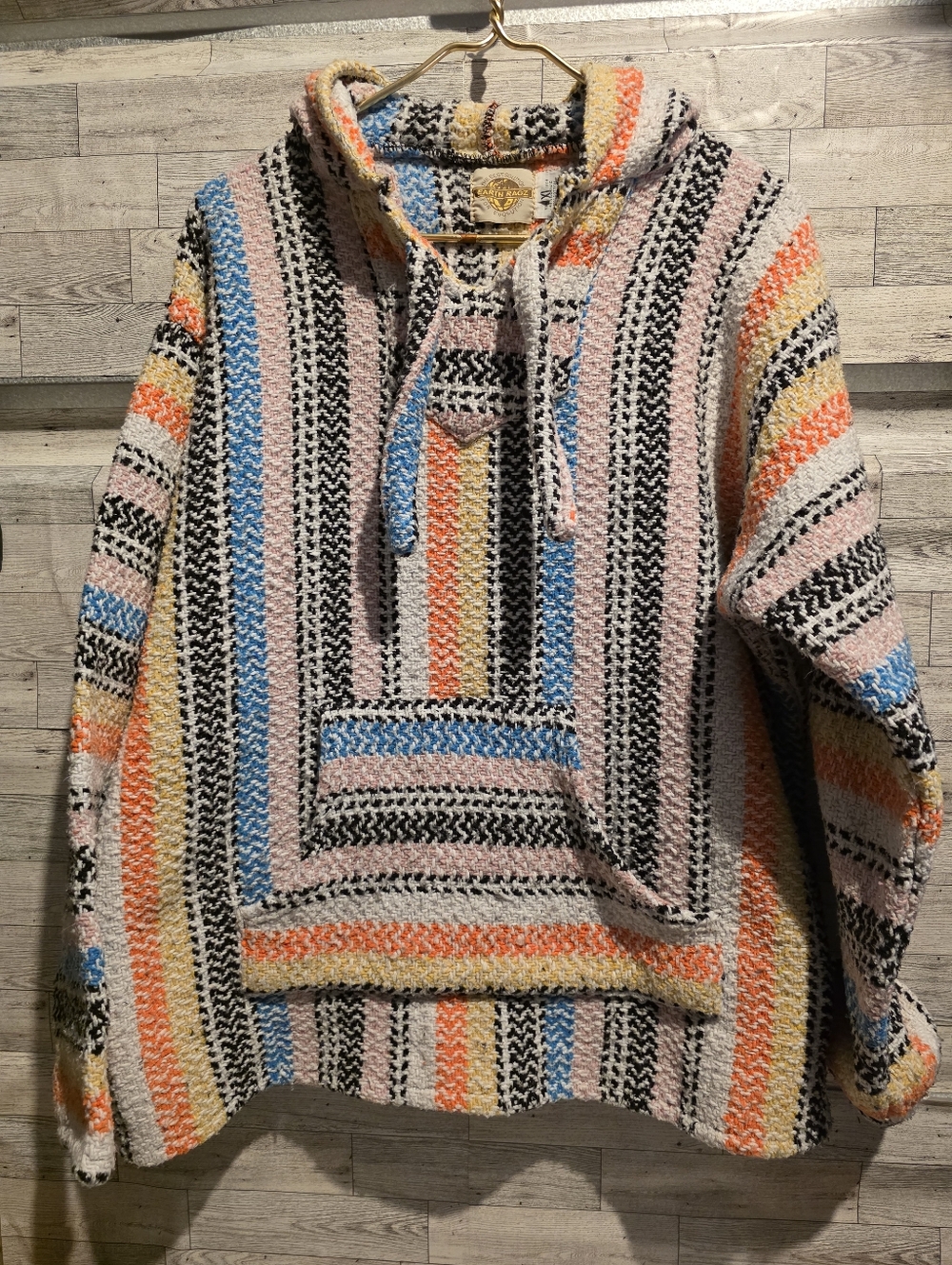 Earth Ragz Striped Baja Hoodie in Cream, Black & Neon Orange